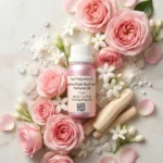 Jasmine Rose Musk Sandal perfume oil bottle with soft pink roses, jasmine flowers, white musk and creamy sandalwood in elegant daylight setting.