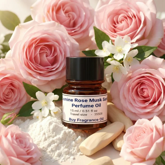 Jasmine Rose Musk Sandal perfume oil bottle with soft pink roses, jasmine flowers, white musk and creamy sandalwood in elegant daylight setting.