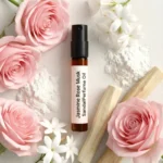 Jasmine Rose Musk Sandal perfume oil bottle with soft pink roses, jasmine flowers, white musk and creamy sandalwood in elegant daylight setting.