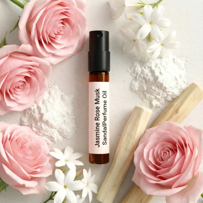 Jasmine Rose Musk Sandal perfume oil bottle with soft pink roses, jasmine flowers, white musk and creamy sandalwood in elegant daylight setting.