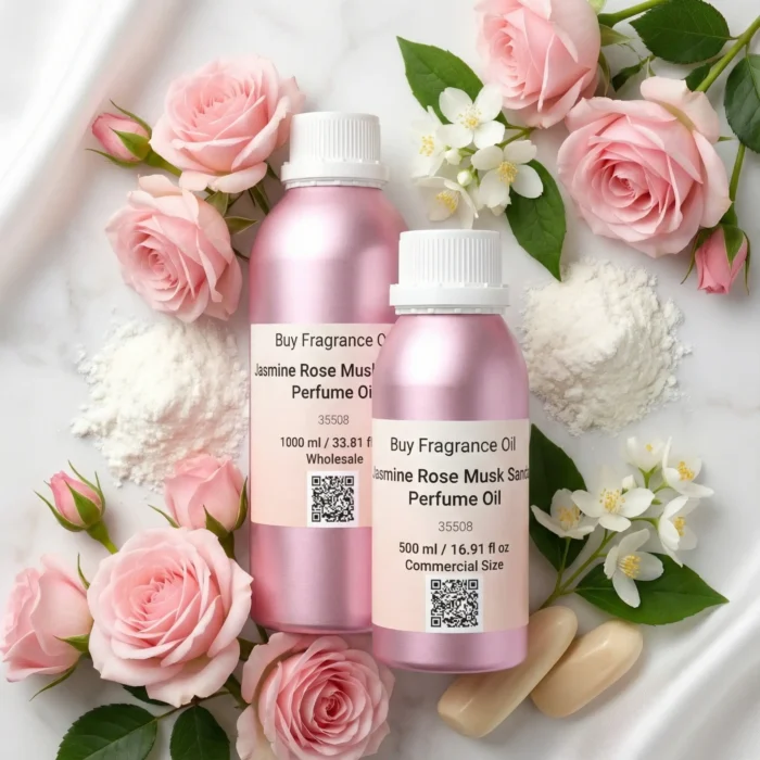 Jasmine Rose Musk Sandal perfume oil bottle with soft pink roses, jasmine flowers, white musk and creamy sandalwood in elegant daylight setting.
