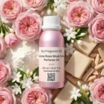 Jasmine Rose Musk Sandal perfume oil bottle with soft pink roses, jasmine flowers, white musk and creamy sandalwood in elegant daylight setting.