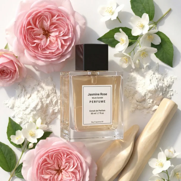 Jasmine Rose Musk Sandal perfume oil bottle with soft pink roses, jasmine flowers, white musk and creamy sandalwood in elegant daylight setting.