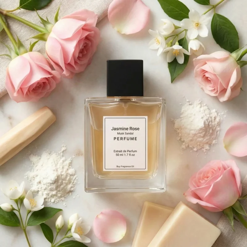 Jasmine Rose Musk Sandal perfume oil bottle with soft pink roses, jasmine flowers, white musk and creamy sandalwood in elegant daylight setting.