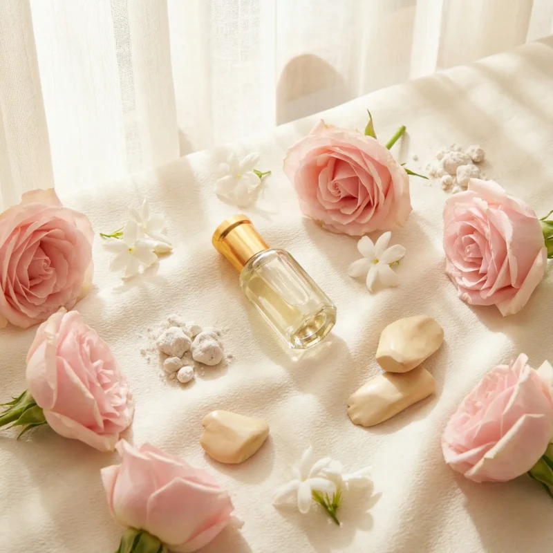 Jasmine Rose Musk Sandal perfume oil bottle with soft pink roses, jasmine flowers, white musk and creamy sandalwood in elegant daylight setting.