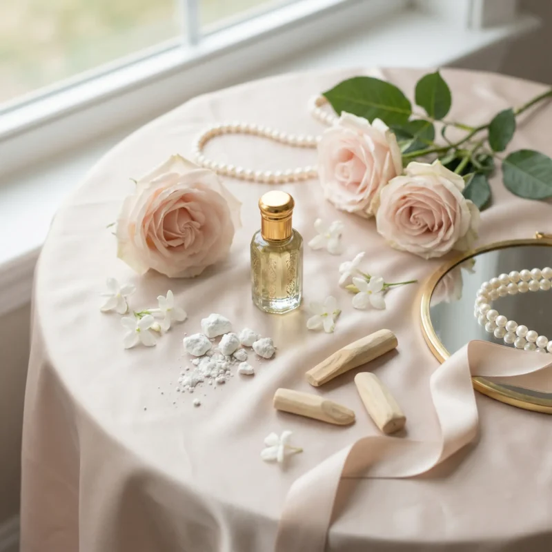 Jasmine Rose Musk Sandal perfume oil bottle with soft pink roses, jasmine flowers, white musk and creamy sandalwood in elegant daylight setting.