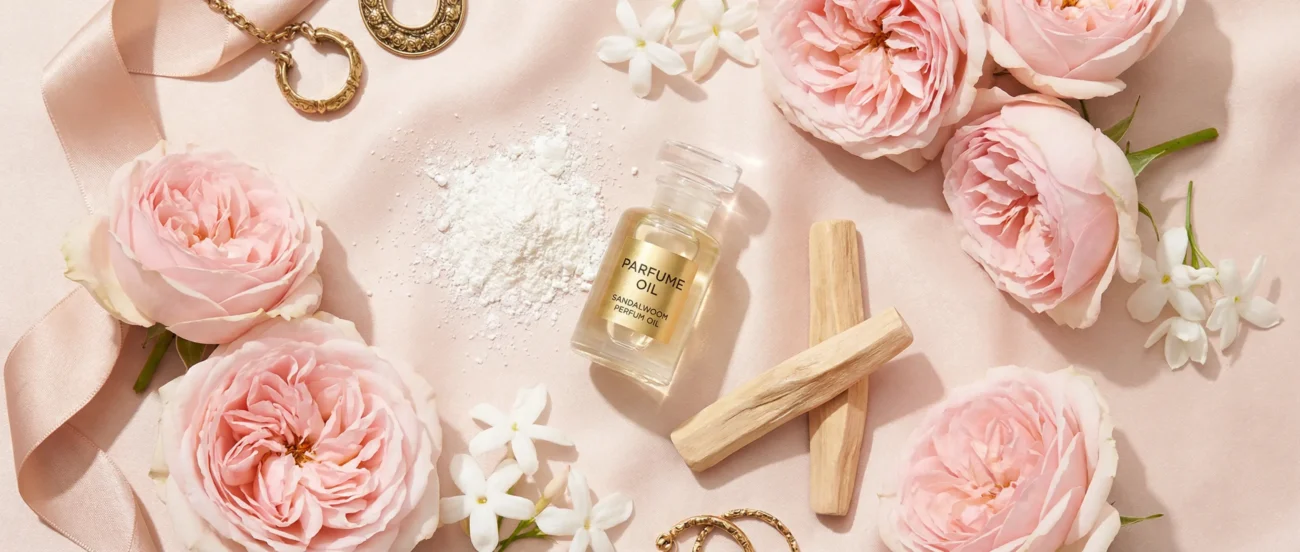 Jasmine Rose Musk Sandal perfume oil bottle with soft pink roses, jasmine flowers, white musk and creamy sandalwood in elegant daylight setting.