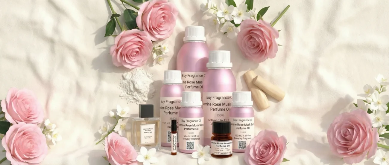 Jasmine Rose Musk Sandal perfume oil bottle with soft pink roses, jasmine flowers, white musk and creamy sandalwood in elegant daylight setting.