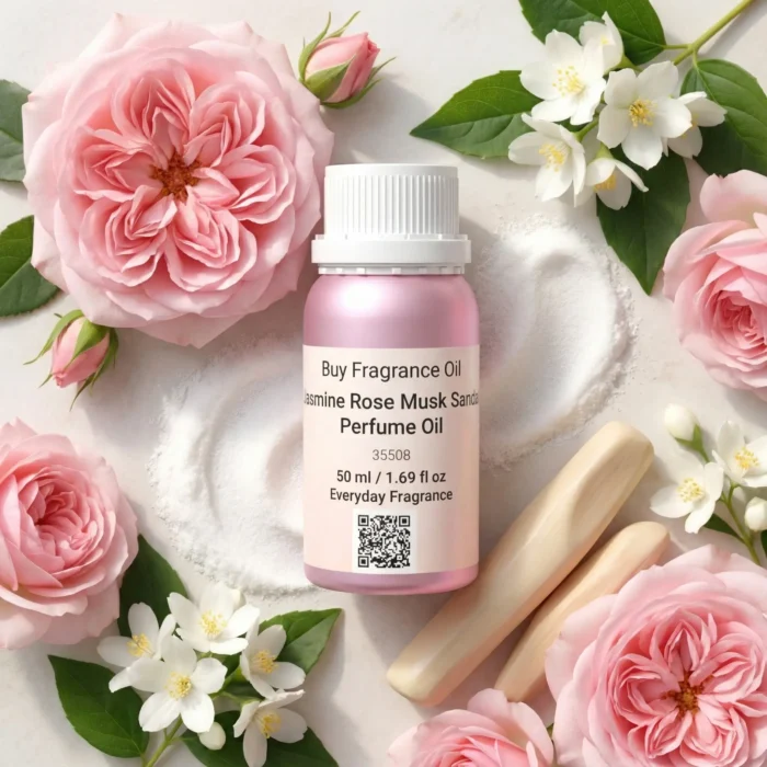 Jasmine Rose Musk Sandal perfume oil bottle with soft pink roses, jasmine flowers, white musk and creamy sandalwood in elegant daylight setting.