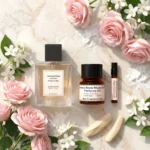 Jasmine Rose Musk Sandal perfume oil bottle with soft pink roses, jasmine flowers, white musk and creamy sandalwood in elegant daylight setting.