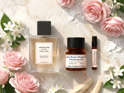 Jasmine Rose Musk Sandal perfume oil bottle with soft pink roses, jasmine flowers, white musk and creamy sandalwood in elegant daylight setting.