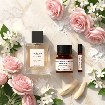 Jasmine Rose Musk Sandal perfume oil bottle with soft pink roses, jasmine flowers, white musk and creamy sandalwood in elegant daylight setting.