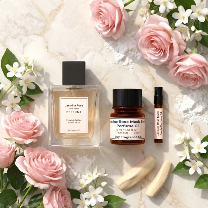 Jasmine Rose Musk Sandal perfume oil bottle with soft pink roses, jasmine flowers, white musk and creamy sandalwood in elegant daylight setting.
