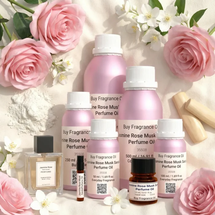 Jasmine Rose Musk Sandal perfume oil bottle with soft pink roses, jasmine flowers, white musk and creamy sandalwood in elegant daylight setting.