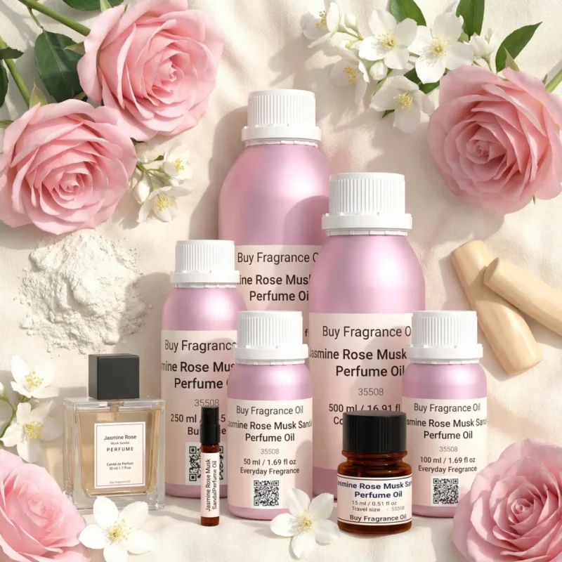 Jasmine Rose Musk Sandal perfume oil bottle with soft pink roses, jasmine flowers, white musk and creamy sandalwood in elegant daylight setting.