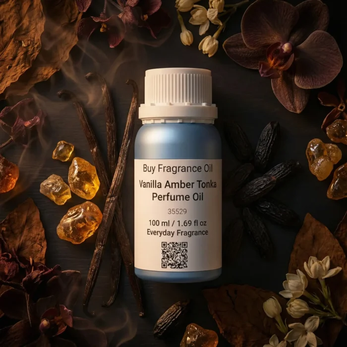 Vanilla Amber Tonka perfume oil bottle with golden amber resin, vanilla pods and tonka beans in dark masculine luxury setting.