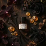 Vanilla Amber Tonka perfume oil bottle with golden amber resin, vanilla pods and tonka beans in dark masculine luxury setting.