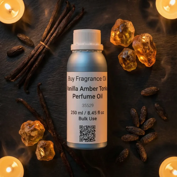 Vanilla Amber Tonka perfume oil bottle with golden amber resin, vanilla pods and tonka beans in dark masculine luxury setting.