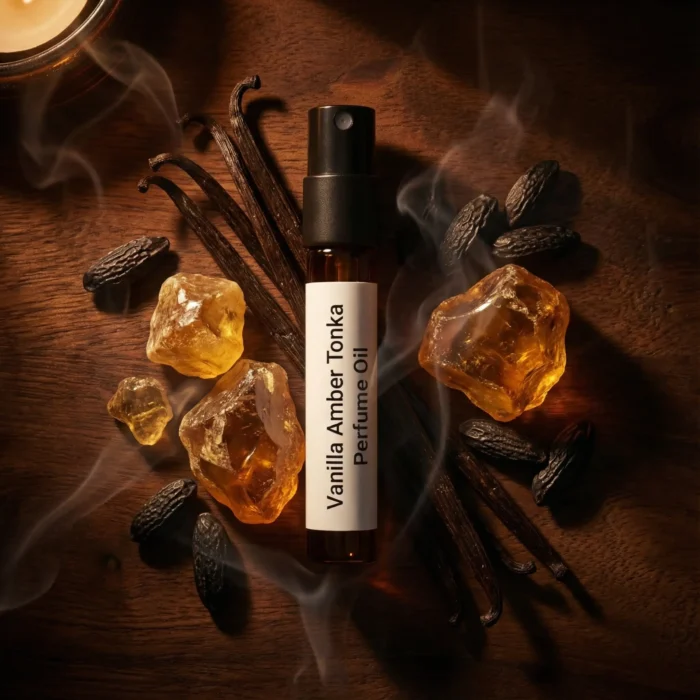 Vanilla Amber Tonka perfume oil bottle with golden amber resin, vanilla pods and tonka beans in dark masculine luxury setting.