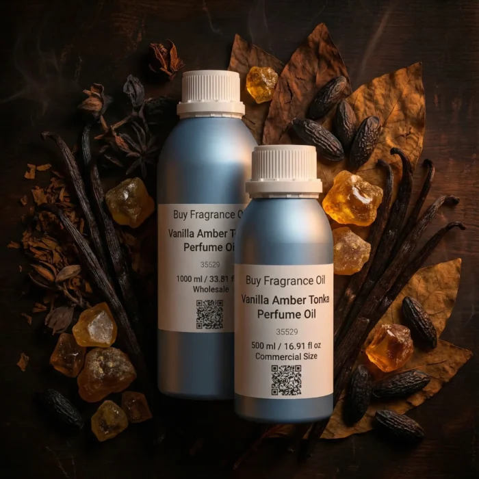 Vanilla Amber Tonka perfume oil bottle with golden amber resin, vanilla pods and tonka beans in dark masculine luxury setting.