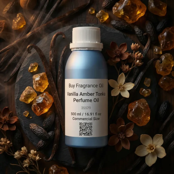 Vanilla Amber Tonka perfume oil bottle with golden amber resin, vanilla pods and tonka beans in dark masculine luxury setting.