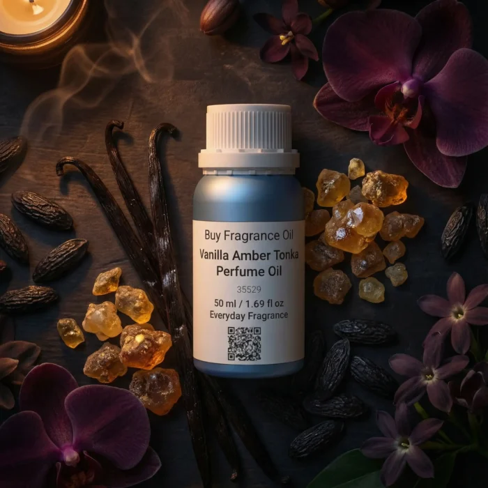 Vanilla Amber Tonka perfume oil bottle with golden amber resin, vanilla pods and tonka beans in dark masculine luxury setting.