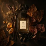 Vanilla Amber Tonka perfume oil bottle with golden amber resin, vanilla pods and tonka beans in dark masculine luxury setting.