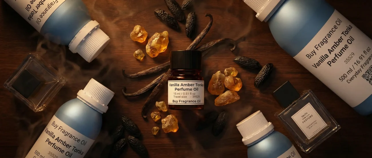 Vanilla Amber Tonka perfume oil bottle with golden amber resin, vanilla pods and tonka beans in dark masculine luxury setting.