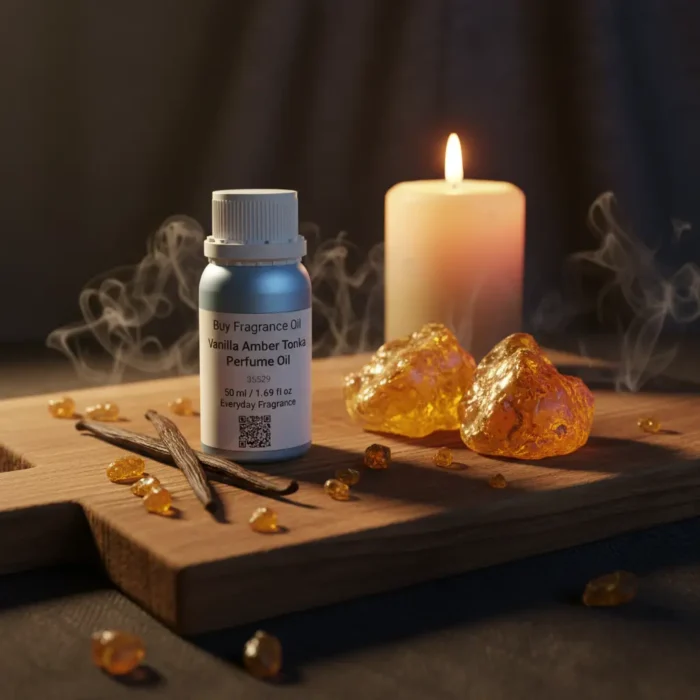 Vanilla Amber Tonka perfume oil bottle with golden amber resin, vanilla pods and tonka beans in dark masculine luxury setting.