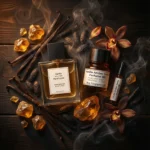Vanilla Amber Tonka perfume oil bottle with golden amber resin, vanilla pods and tonka beans in dark masculine luxury setting.
