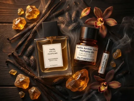 Vanilla Amber Tonka perfume oil bottle with golden amber resin, vanilla pods and tonka beans in dark masculine luxury setting.