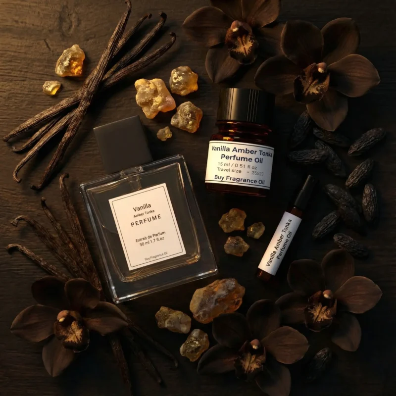 Vanilla Amber Tonka perfume oil bottle with golden amber resin, vanilla pods and tonka beans in dark masculine luxury setting.