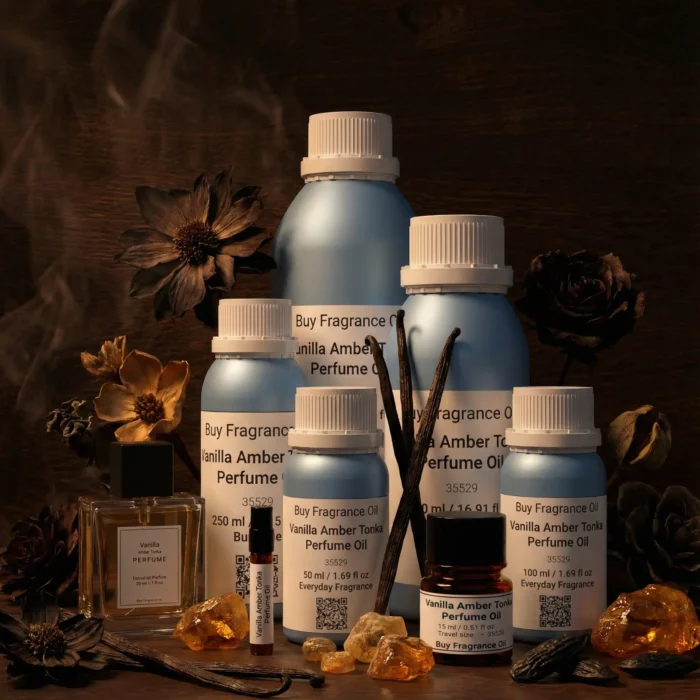 Vanilla Amber Tonka perfume oil bottle with golden amber resin, vanilla pods and tonka beans in dark masculine luxury setting.