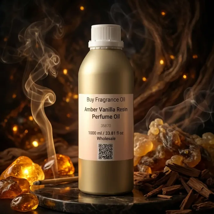 Amber Vanilla Resin perfume oil bottle with golden amber tones, smoky vanilla resin and incense-inspired luxury mood.