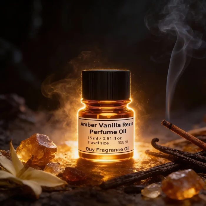 Amber Vanilla Resin perfume oil bottle with golden amber tones, smoky vanilla resin and incense-inspired luxury mood.
