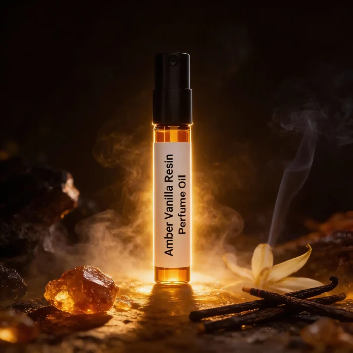 Amber Vanilla Resin perfume oil bottle with golden amber tones, smoky vanilla resin and incense-inspired luxury mood.