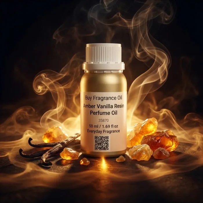Amber Vanilla Resin perfume oil bottle with golden amber tones, smoky vanilla resin and incense-inspired luxury mood.
