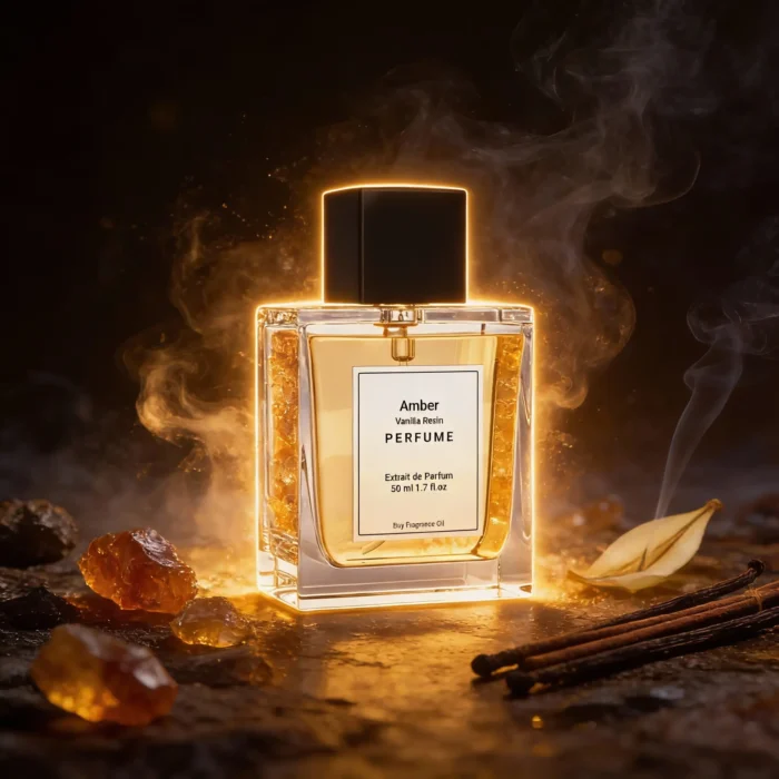 Amber Vanilla Resin perfume oil bottle with golden amber tones, smoky vanilla resin and incense-inspired luxury mood.
