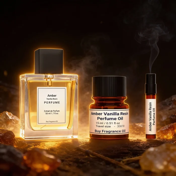 Amber Vanilla Resin perfume oil bottle with golden amber tones, smoky vanilla resin and incense-inspired luxury mood.