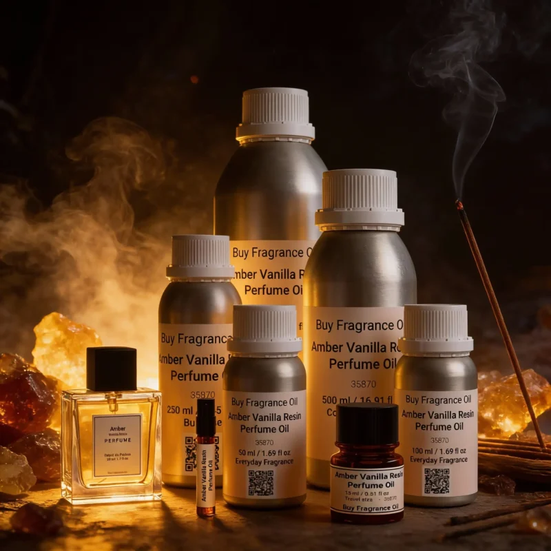 Amber Vanilla Resin perfume oil bottle with golden amber tones, smoky vanilla resin and incense-inspired luxury mood.