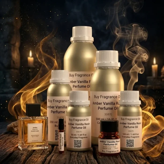 Amber Vanilla Resin perfume oil bottle with golden amber tones, smoky vanilla resin and incense-inspired luxury mood.