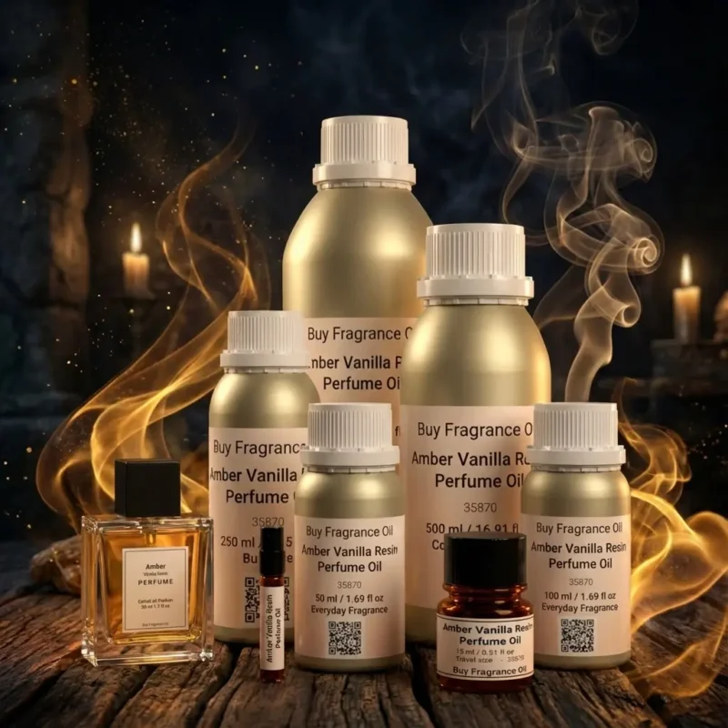 Amber Vanilla Resin perfume oil bottle with golden amber tones, smoky vanilla resin and incense-inspired luxury mood.