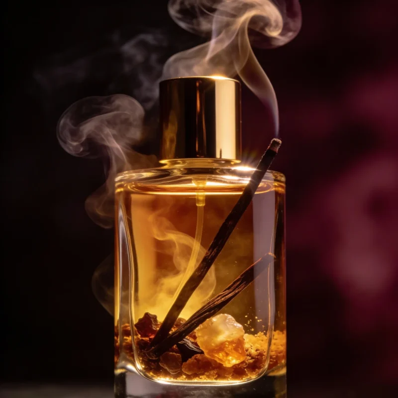 Amber Vanilla Resin perfume oil bottle with golden amber tones, smoky vanilla resin and incense-inspired luxury mood.