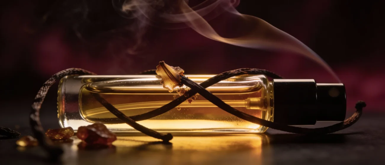 Amber Vanilla Resin perfume oil bottle with golden amber tones, smoky vanilla resin and incense-inspired luxury mood.