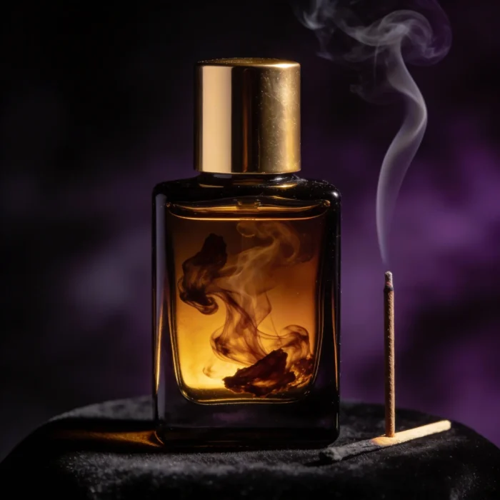 Amber Vanilla Resin perfume oil bottle with golden amber tones, smoky vanilla resin and incense-inspired luxury mood.