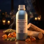 Cardamom Cedar Amber perfume oil bottle with dark amber tones, spicy cardamom warmth and elegant woody night atmosphere.