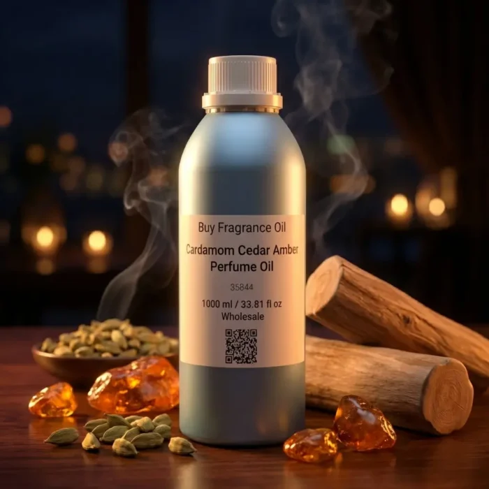 Cardamom Cedar Amber perfume oil bottle with dark amber tones, spicy cardamom warmth and elegant woody night atmosphere.