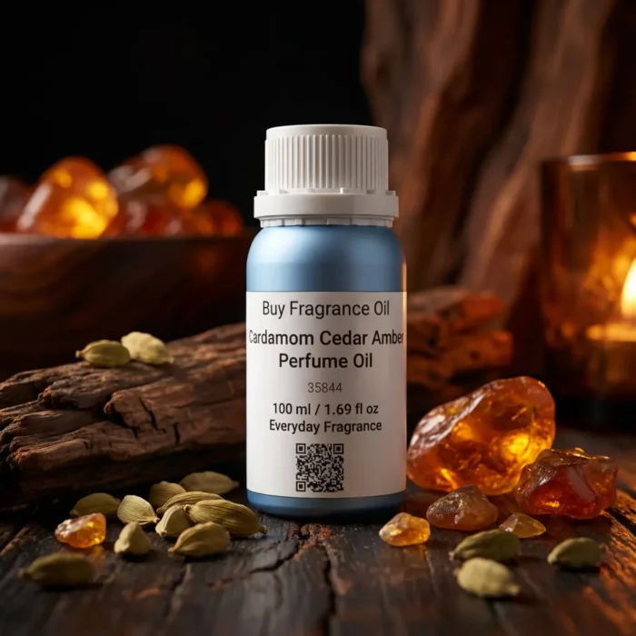 Cardamom Cedar Amber perfume oil bottle with dark amber tones, spicy cardamom warmth and elegant woody night atmosphere.