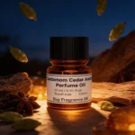 Cardamom Cedar Amber perfume oil bottle with dark amber tones, spicy cardamom warmth and elegant woody night atmosphere.
