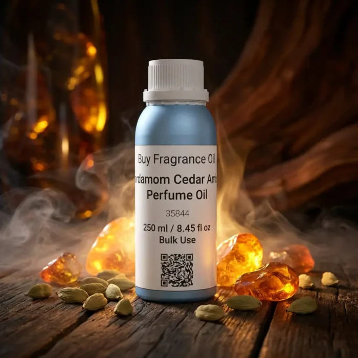 Cardamom Cedar Amber perfume oil bottle with dark amber tones, spicy cardamom warmth and elegant woody night atmosphere.
